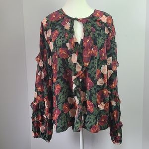 ECRU 100% silk long sleeve peephole chest ruffled sleeves romantic blouse, XL